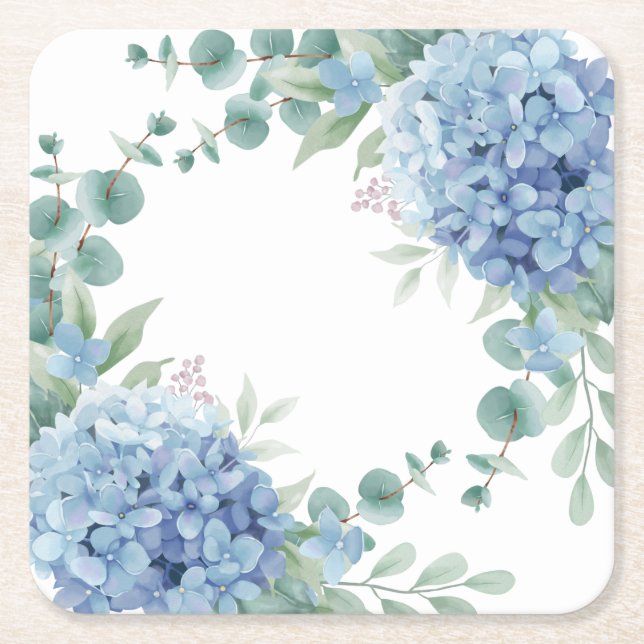 Blue Hydrangea Floral Bridal Shower Square Paper Coaster (Front)
