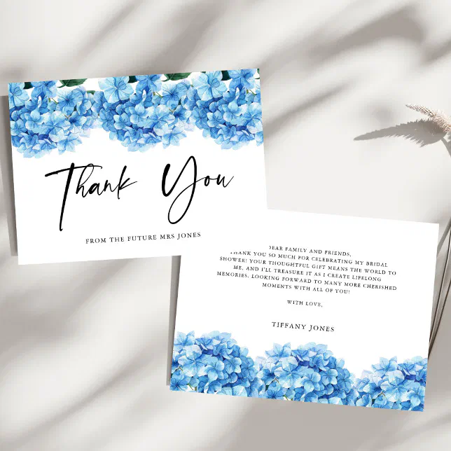 Blue Hydrangea Floral Bridal Shower Thank you Card | Zazzle