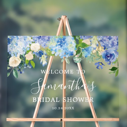 Blue Hydrangea Floral Bridal Shower Welcome Acrylic Sign