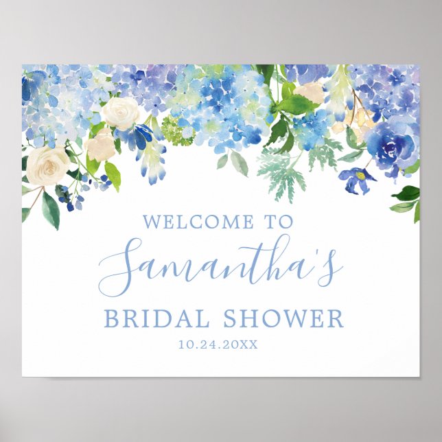 Blue Hydrangea Floral Bridal Shower Welcome Poster (Front)