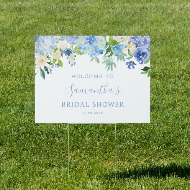 Blue Hydrangea Floral Bridal Shower Welcome Sign (Insitu)