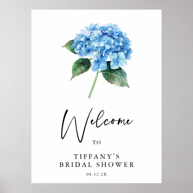 Blue Hydrangea Floral Bridal Shower Welcome Sign (Front)