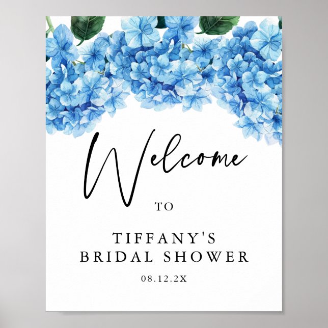 Blue Hydrangea Floral Bridal Shower Welcome Sign (Front)