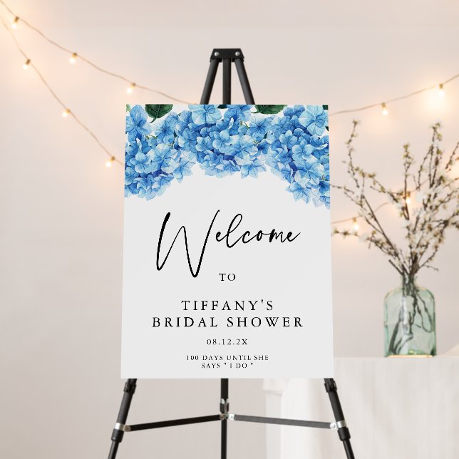 Blue Hydrangea Floral Bridal Shower Welcome Sign (In Situ (Stand))