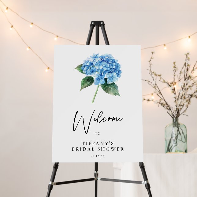 Blue Hydrangea Floral Bridal Shower Welcome Sign (In Situ (Stand))