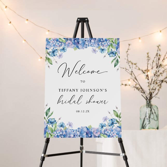 Blue Hydrangea Floral Bridal Shower Welcome Sign (In Situ (Stand))