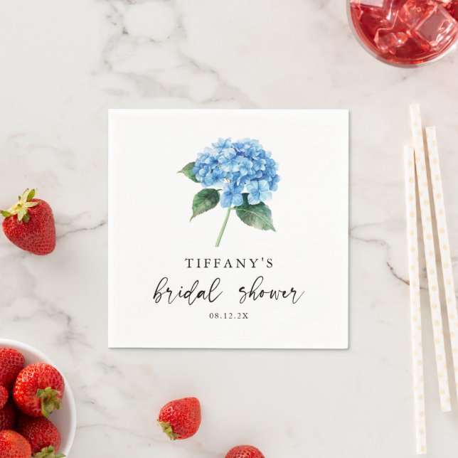 Blue Hydrangea Floral Bridal Shower Welcome Sign Napkins (Insitu)