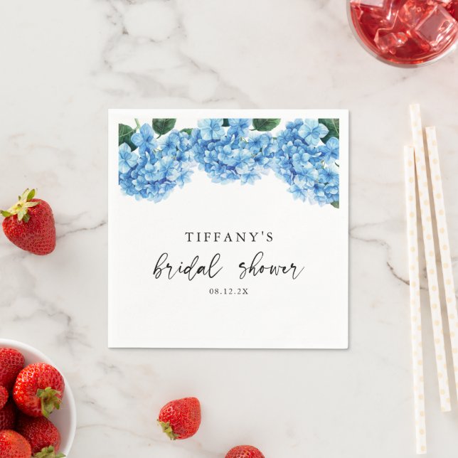 Blue Hydrangea Floral Bridal Shower Welcome Sign Napkins (Insitu)