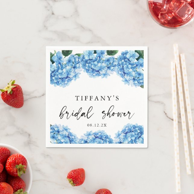 Blue Hydrangea Floral Bridal Shower Welcome Sign Napkins (Insitu)