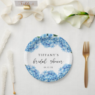 Blue Hydrangea Floral Bridal Shower Welcome Sign Paper Plates