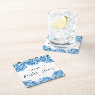 Blue Hydrangea Floral Bridal Shower Welcome Sign Square Paper Coaster