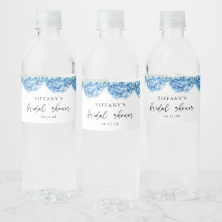 Blue Hydrangea Floral Bridal Shower Welcome Sign Water Bottle Label
