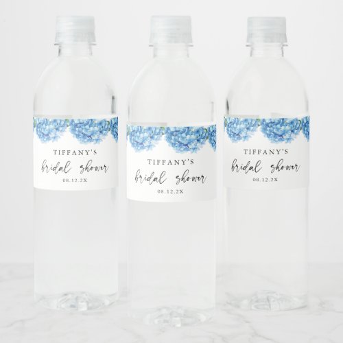 Blue Hydrangea Floral Bridal Shower Welcome Sign Water Bottle Label