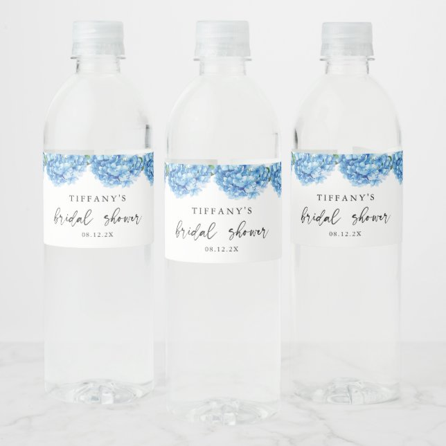 Blue Hydrangea Floral Bridal Shower Welcome Sign Water Bottle Label (Bottles)