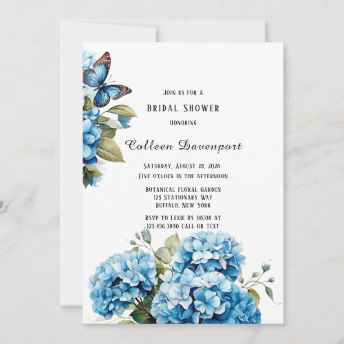 Blue Hydrangea Floral Butterfly Bridal Shower Invitation