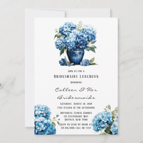 Blue Hydrangea Floral Butterfly Bridesmaids Lunch Invitation