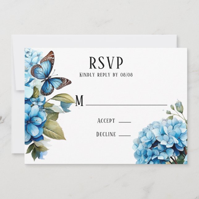 Blue Hydrangea Floral Butterfly Wedding RSVP Cards (Front)