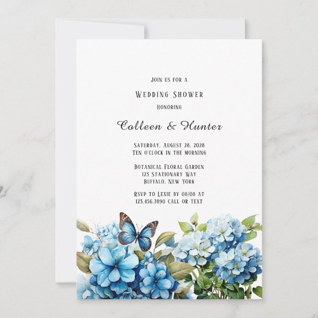 Blue Hydrangea Floral Butterfly Wedding Shower Invitation (Front)