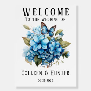 Blue Hydrangea Floral Butterfly Wedding Welcome Foam Board