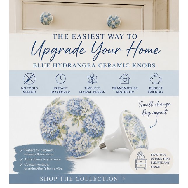 Blue Hydrangea Floral Cabinet Knob (Easy cabinet upgrade with elegant blue hydrangea knobs for timeless coastal home style)