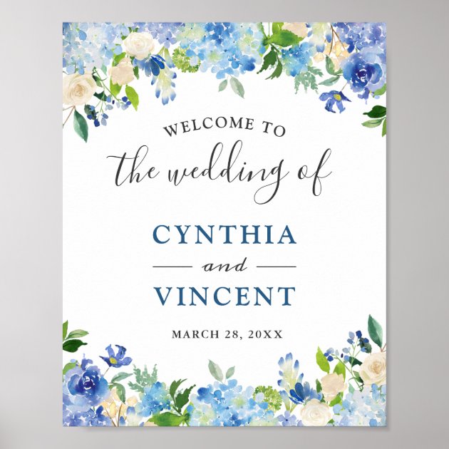 Blue Hydrangea Floral Chic Wedding Welcome Sign