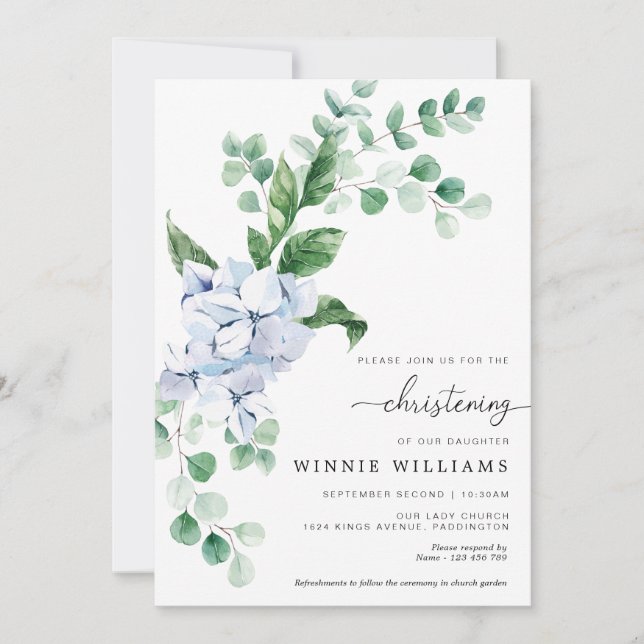 Blue Hydrangea Floral Christening Invitation (Front)
