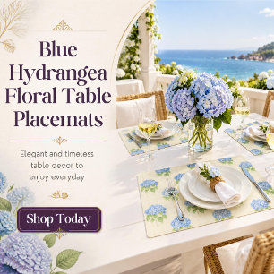 Blue Hydrangea Floral Coastal Paper Placemat