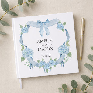 Blue Hydrangea Floral Crest Watercolor Wedding Guest Book