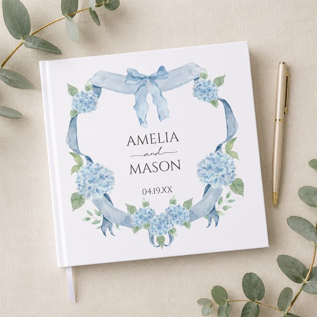 Blue Hydrangea Floral Crest Watercolor Wedding Guest Book (Blue Hydrangea Floral Crest Watercolor Wedding Guest Book)