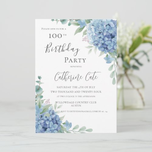 Blue Hydrangea Floral Elegant 100th Birthday