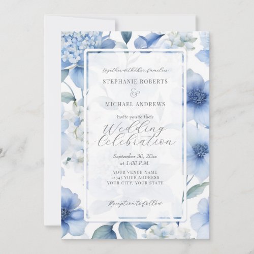 Blue Hydrangea Floral Elegant Watercolor Wedding Invitation