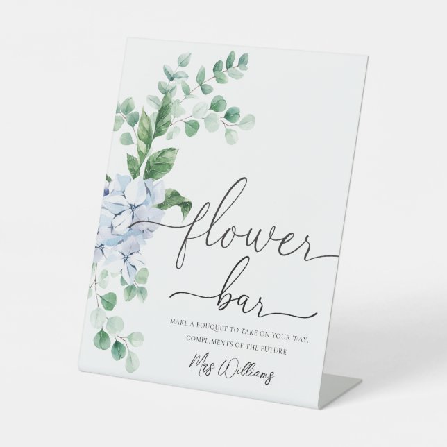 Blue Hydrangea Floral Flower Bar Favor Pedestal Sign (Front)