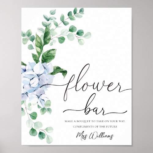 Blue Hydrangea Floral Flower Bar Favor Sign