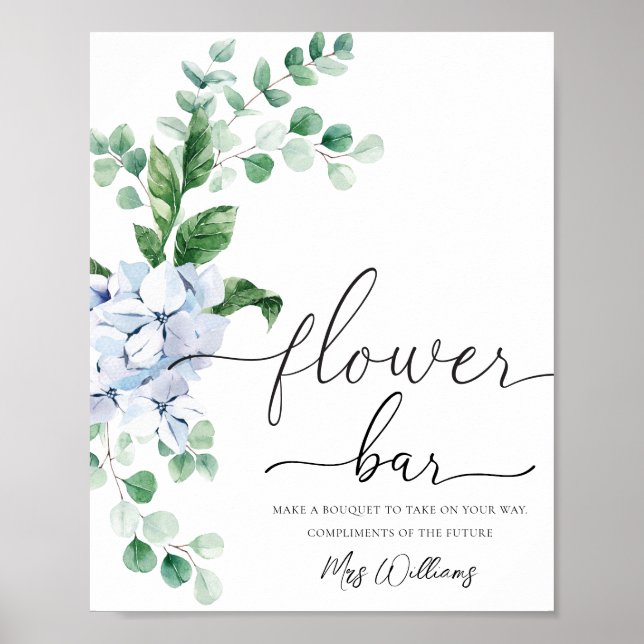 Blue Hydrangea Floral Flower Bar Favor Sign (Front)