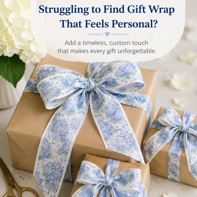 Blue Hydrangea Floral Gift Ribbon (Elegant blue hydrangea ribbon for luxury gift wrapping, weddings, gift baskets, and boutique gifting)