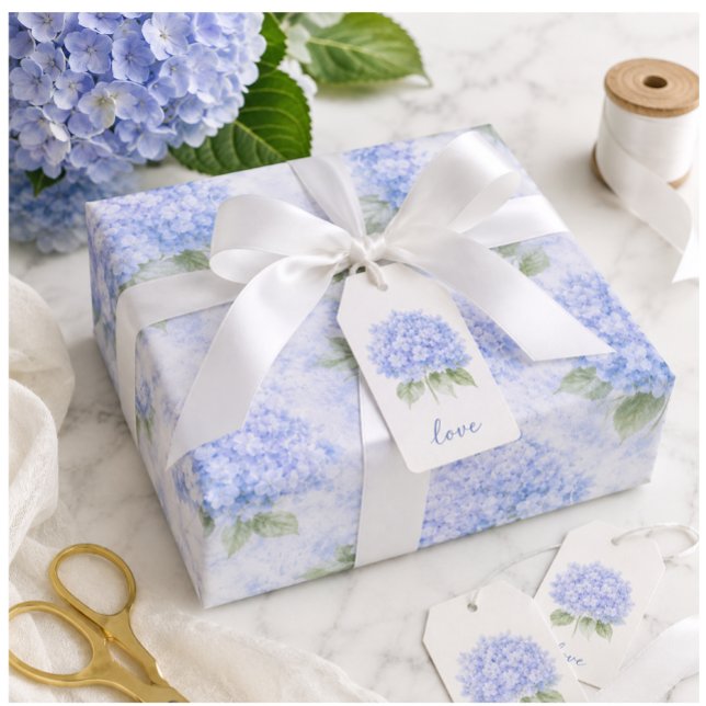 Blue Hydrangea Floral Gift Wrap for Weddings (Elegant blue hydrangea gift wrap for thoughtful gifting, boutique presents, and beautiful occasions.)