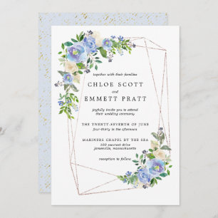 Blue Hydrangea Floral Gold Geometric Frame Invitation