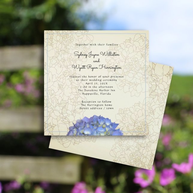 Blue Hydrangea Floral Graphic Sepia Square Invitation