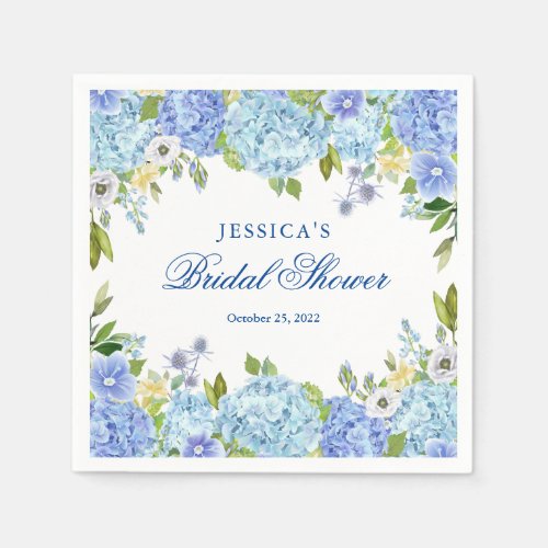 Blue Hydrangea Floral Greenery Bridal Shower Paper Napkins