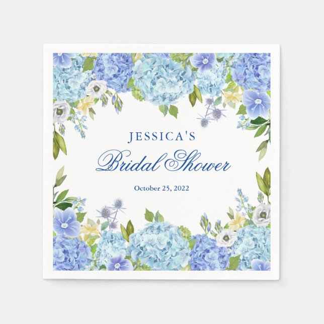 Blue Hydrangea Floral Greenery Bridal Shower Paper Napkins (Front)