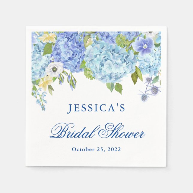 Blue Hydrangea Floral Greenery Bridal Shower Paper Napkins (Front)