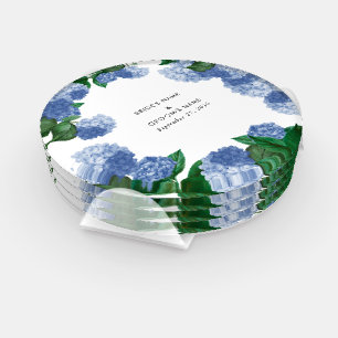 Blue Hydrangea Floral Greenery Modern Wedding Coaster Set