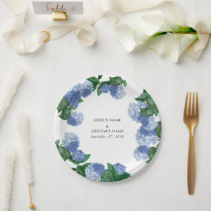 Blue Hydrangea Floral Greenery Modern Wedding Paper Plates