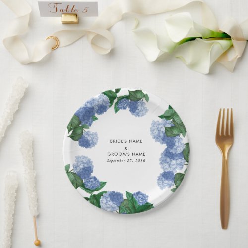 Blue Hydrangea Floral Greenery Modern Wedding Paper Plates