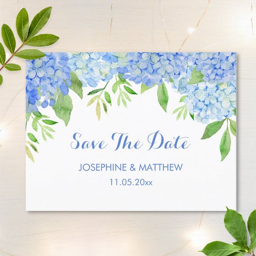 Blue Hydrangea Floral Greenery Save the Date Announcement Postcard