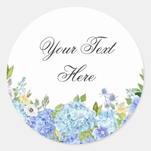 Blue Hydrangea Floral Greenery Watercolor Custom Classic Round Sticker