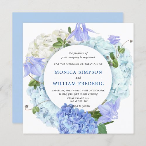 Blue Hydrangea Floral Greenery Watercolor Wedding Invitation