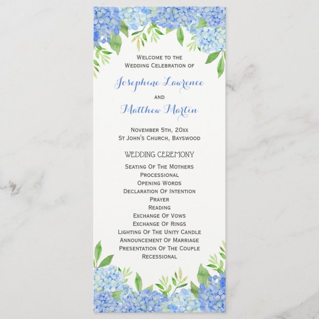 Blue Hydrangea Floral Greenery Wedding Ceremony Program (Front)