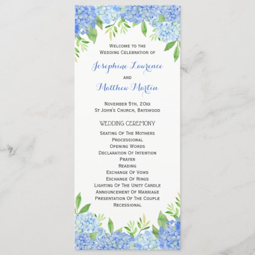 Blue Hydrangea Floral Greenery Wedding Ceremony Program