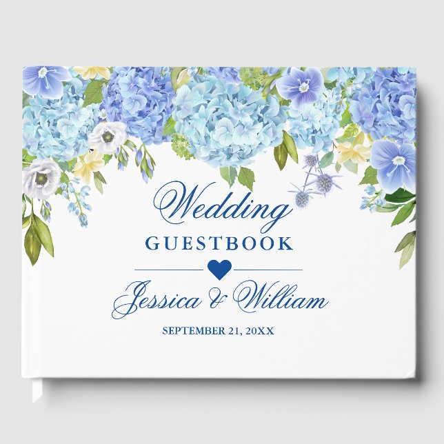 Blue Hydrangea Floral  Greenery Wedding Guest Book (Front)